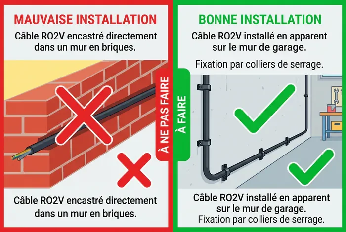 Câble RO2V : gaine ou pas ? Le guide NF C 15-100 - Câble RO2V : Gaine ou pas ? Le guide ultime 2026 - Doit-on mettre une gaine sur un câble RO2V ? La réponse Comparaison pose encastrée et apparente câble RO2V