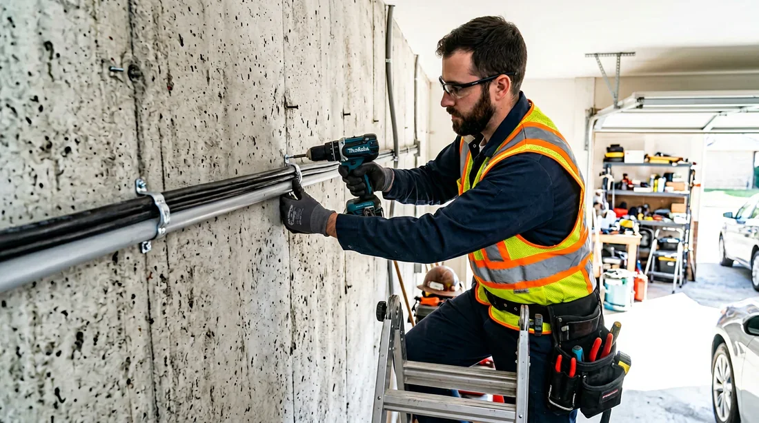 Électricien fixant des câbles au mur dans un garage