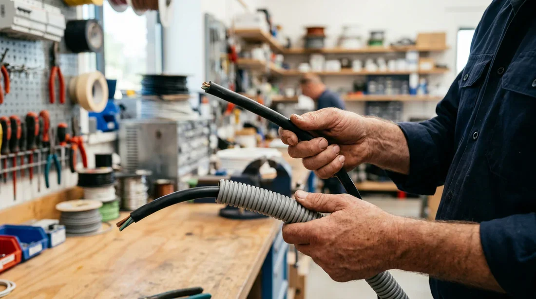 Électricien présentant un câble RO2V et une gaine ICTA grise