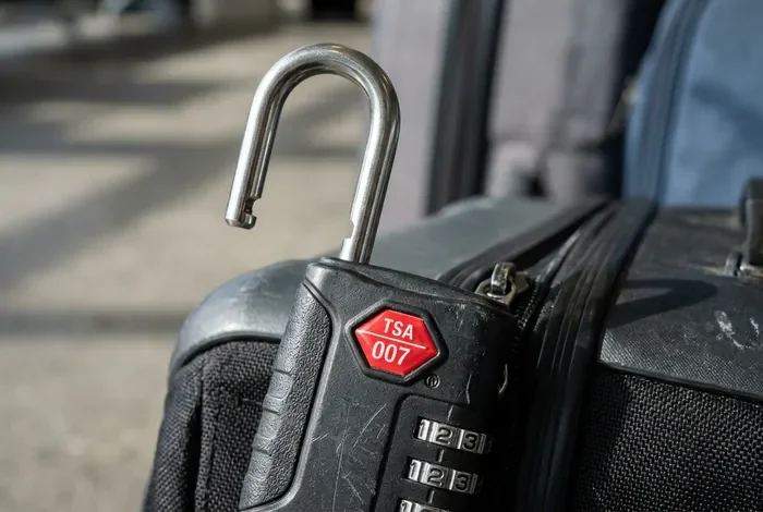Cadenas TSA 007 bloqué ouvert : 4 solutions - Comment débloquer votre cadenas TSA 007 (Guide 2026) - Cadenas TSA 007 bloqué ouvert ? 4 méthodes pour le réparer Gros plan sur le logo losange rouge d'une serrure TSA