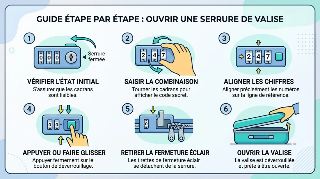 Guide étape par étape pour les serrures de valise Infographie montrant comment utiliser ou ouvrir une serrure de valise