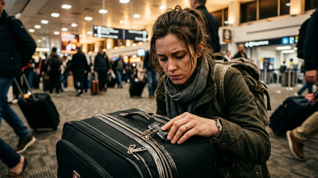Problème de serrure TSA sur une valise en voyage Voyageur frustré devant une valise avec un cadenas TSA bloqué dans un aéroport
