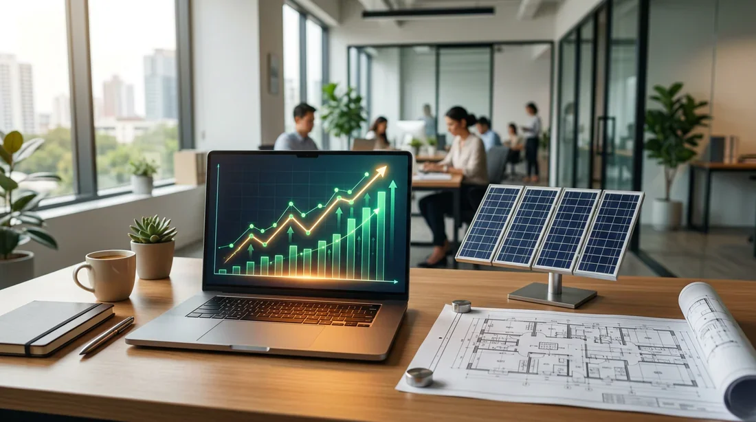 Optimisation de la rentabilité par l'énergie solaire Bureau moderne avec écran affichant une courbe de rentabilité croissante et équipements solaires
