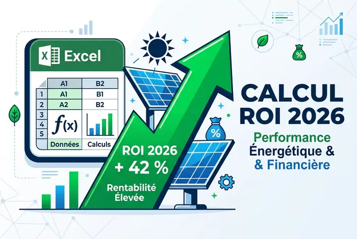 Calcul rentabilité photovoltaïque Excel : Le guide 2026 - Rentabilité Solaire : Le Guide Excel pour tout calculer - Comment calculer la rentabilité de vos panneaux solaires ? Infographie illustrant le calcul du retour sur investissement pour un projet solaire 2026