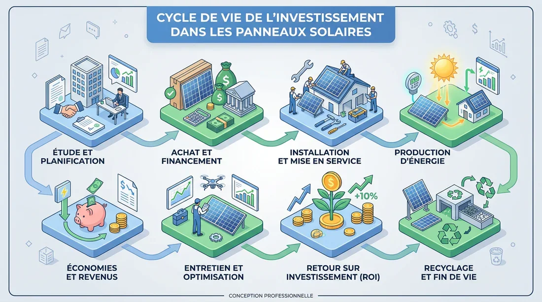 Cycle de vie et rentabilité Schéma explicatif du cycle d'investissement en panneaux solaires