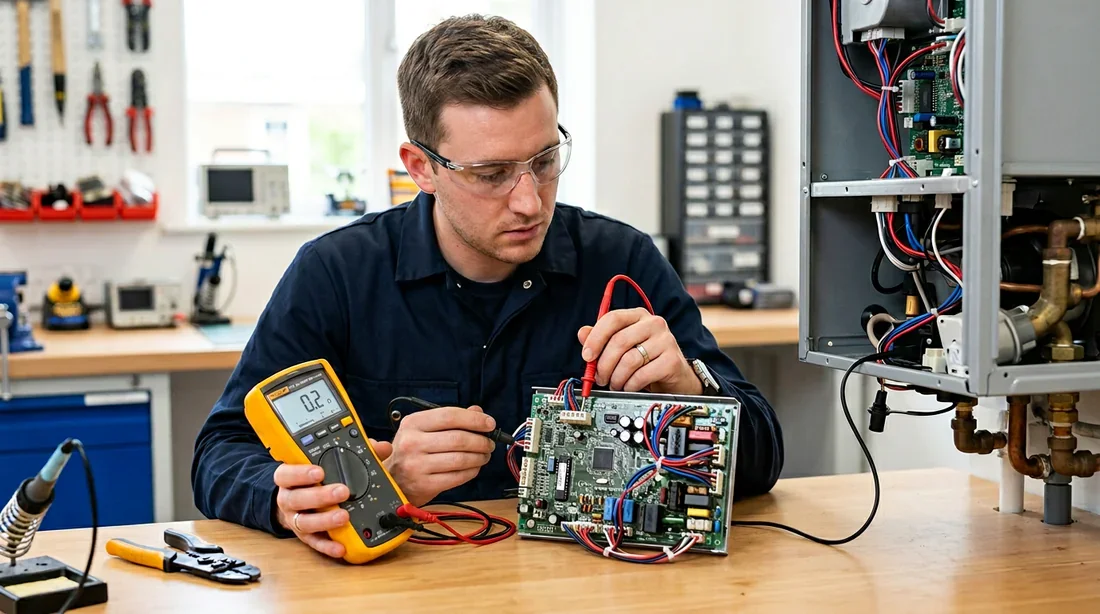 Technicien testant les composants électroniques d'une chaudière
