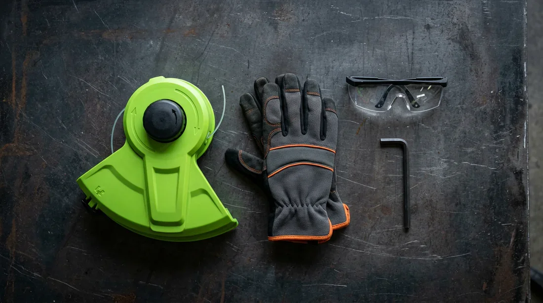 Équipement de sécurité et outils pour changer la tête d'une débroussailleuse Ryobi