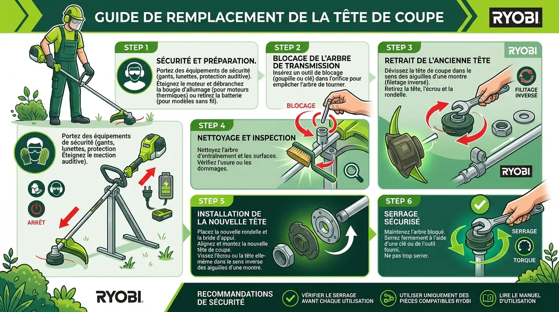Infographie explicative des étapes pour installer une nouvelle tête de débroussailleuse Ryobi