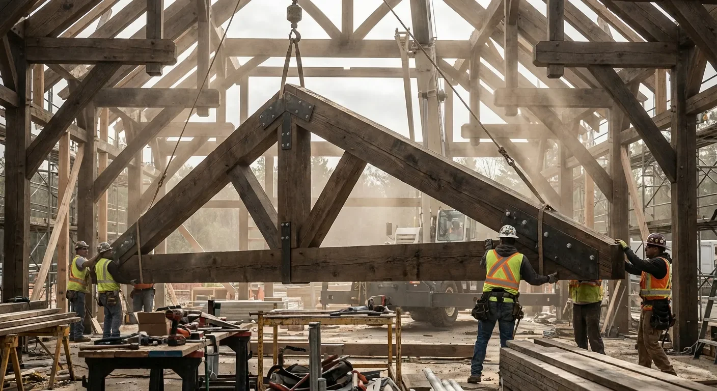 Installation technique d'une demi-ferme de toiture Artisans charpentiers installant une demi-ferme en bois sur un chantier de rénovation
