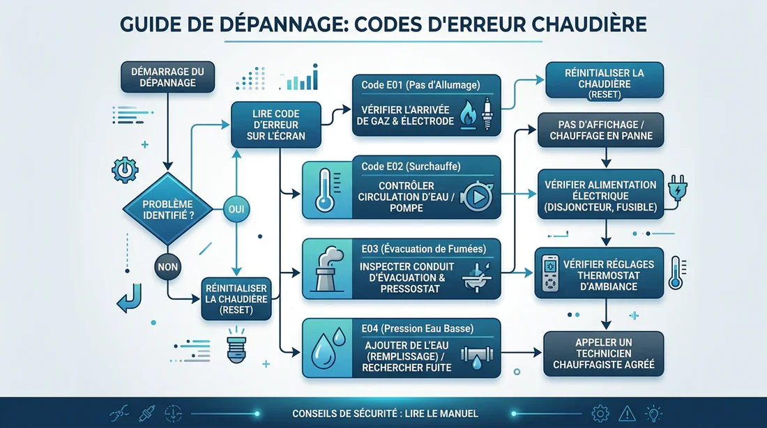 Infographie résumant les étapes de résolution des codes erreurs sur chaudière.