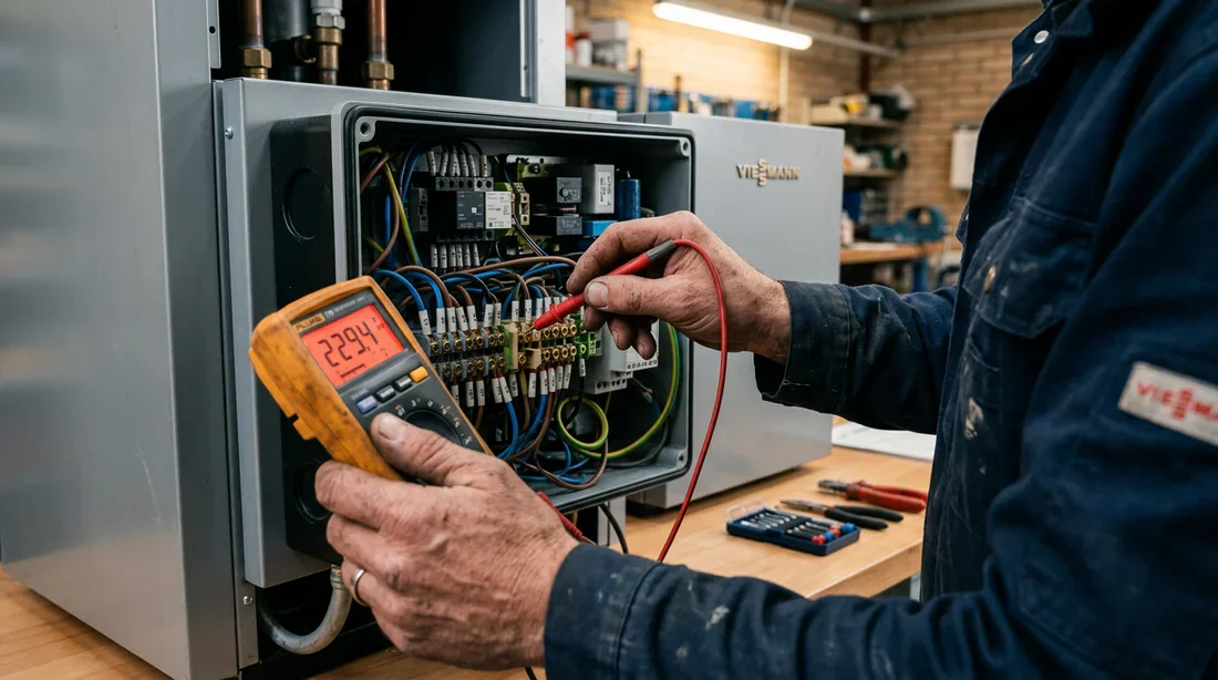 Technicien mesurant la tension électrique des composants d'une chaudière Viessmann.