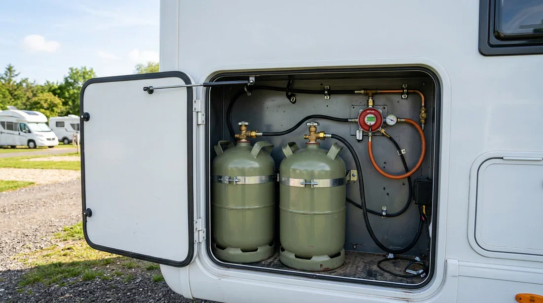 Vérification de l'alimentation en gaz Truma Bouteilles de gaz propane et détendeur de sécurité dans le coffre à gaz d'un camping-car