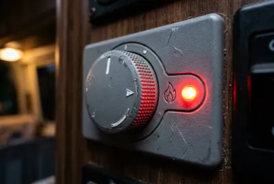 Gros plan sur la molette grise d'un thermostat Truma avec voyant LED rouge allumé