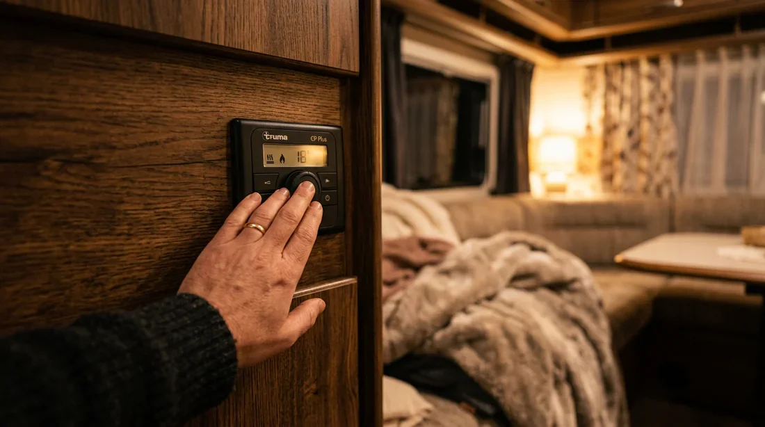 Commande de chauffage Truma pour camping-car Main posée sur un panneau de contrôle Truma CP Plus dans l'intérieur bois chaleureux d'un camping-car
