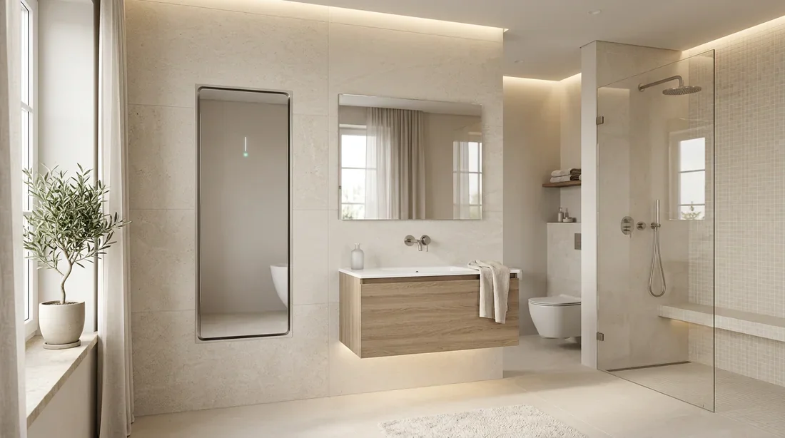 Chauffe-eau plat miroir design salle de bain Chauffe-eau plat design mural avec façade en miroir installé dans une salle de bain moderne