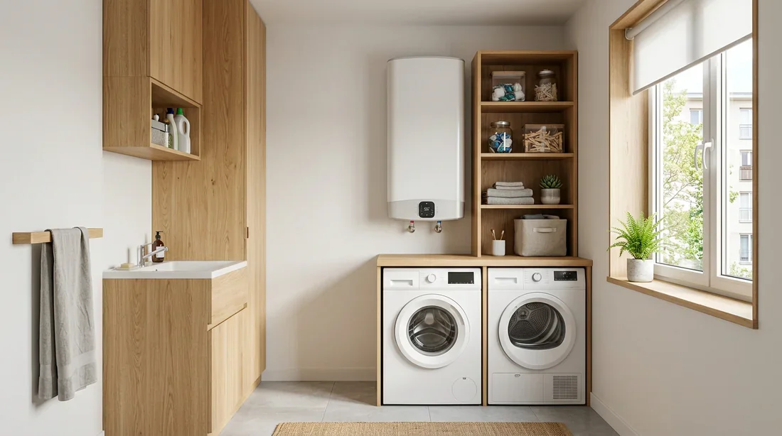 Installation chauffe-eau plat gain de place Gain de place avec un chauffe-eau plat fixé au mur dans un petit espace
