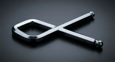 Gros plan iconique d'une clé Allen de radiateur chromée sur fond sombre et réfléchissant.