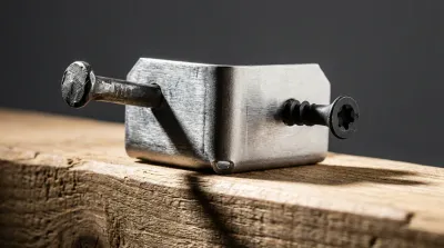 Gros plan contrasté et iconique d'un sabot de charpente, avec un clou et une vis posés à côté, pour une comparaison claire et lisible.