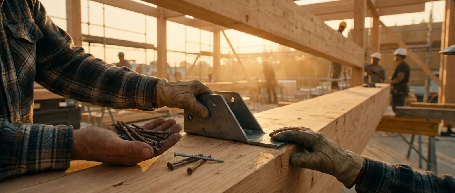 Image panoramique et cinématique d'un sabot de charpente avec clous et vis, sur fond de construction en bois au lever du soleil, suggérant le choix des fixations.