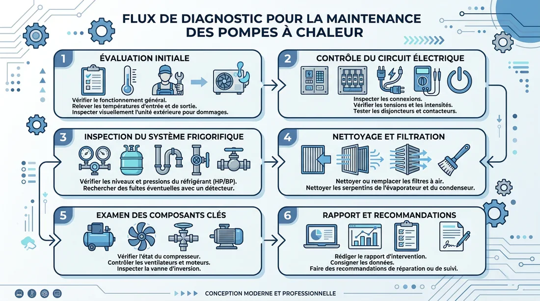 Guide visuel de résolution des pannes de pompe à chaleur Infographie synthétisant les étapes de dépannage d'une pompe à chaleur