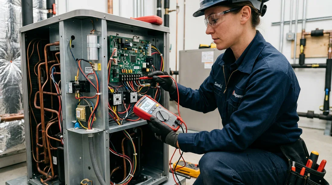 Technicien effectuant un contrôle électrique sur le circuit d'une pompe à chaleur