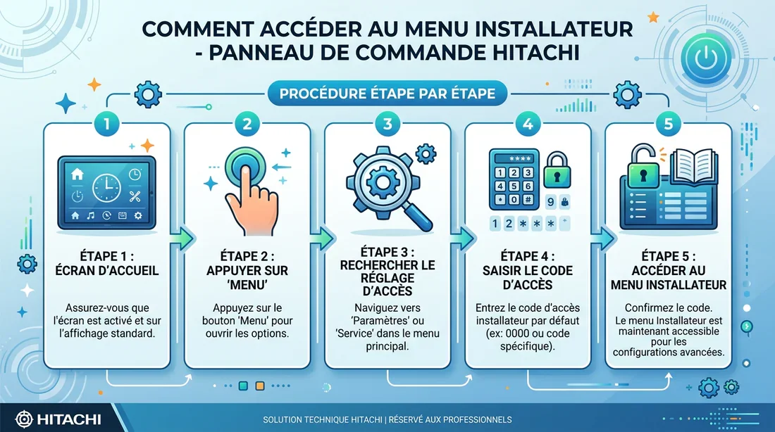 Procédure d'accès au code installateur Hitachi Infographie expliquant la procédure d'accès au menu installateur Hitachi