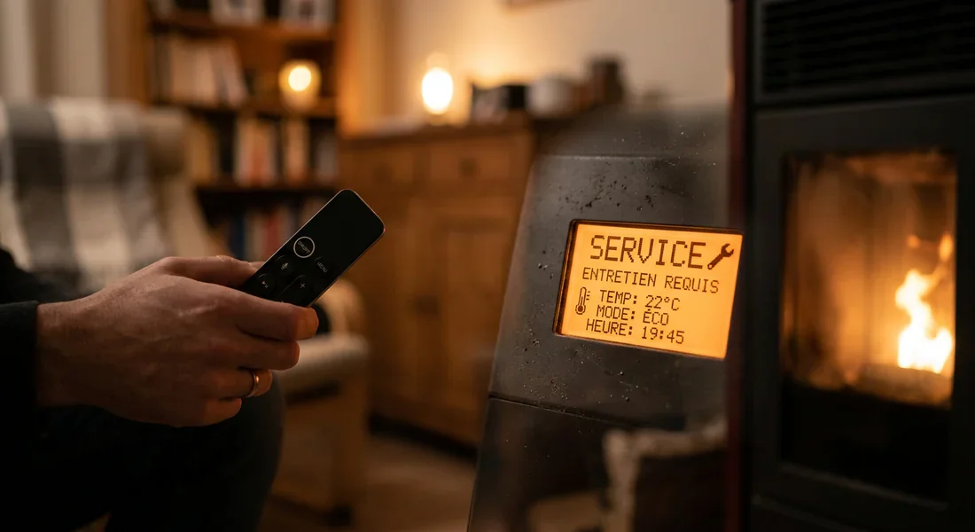 Écran LCD poêle à granulés affichant message Service et icône maintenance