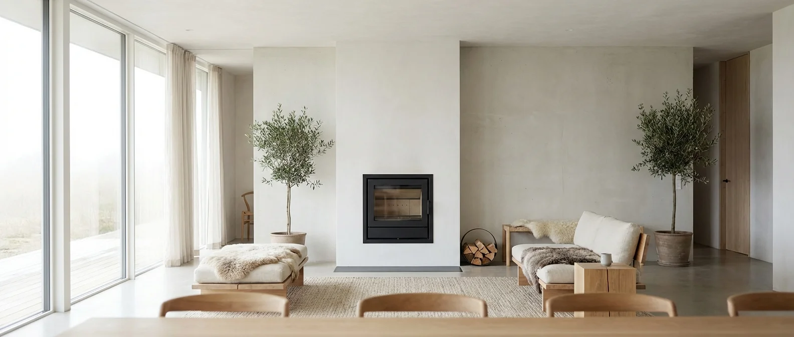 Header - Coffrage placo pour conduit de poêle élégant Un coffrage en placo design et minimaliste pour un conduit de poêle dans un salon moderne.