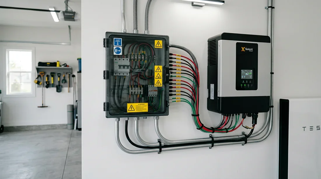 Coffret de protection DC et onduleur hybride dans un garage moderne