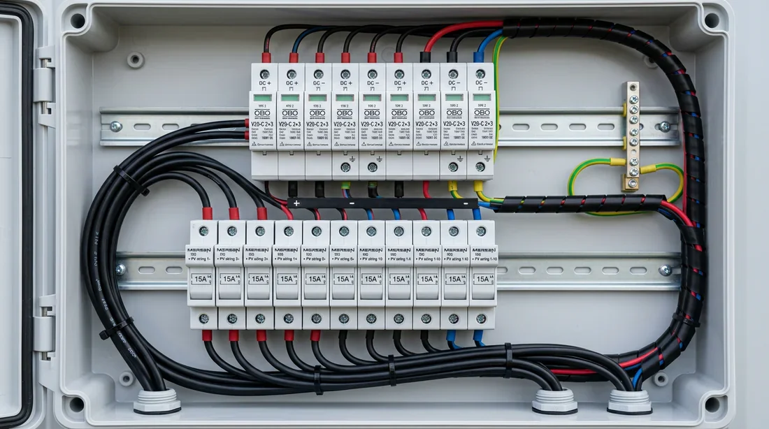 Intérieur d'un coffret de protection DC pour installation photovoltaïque