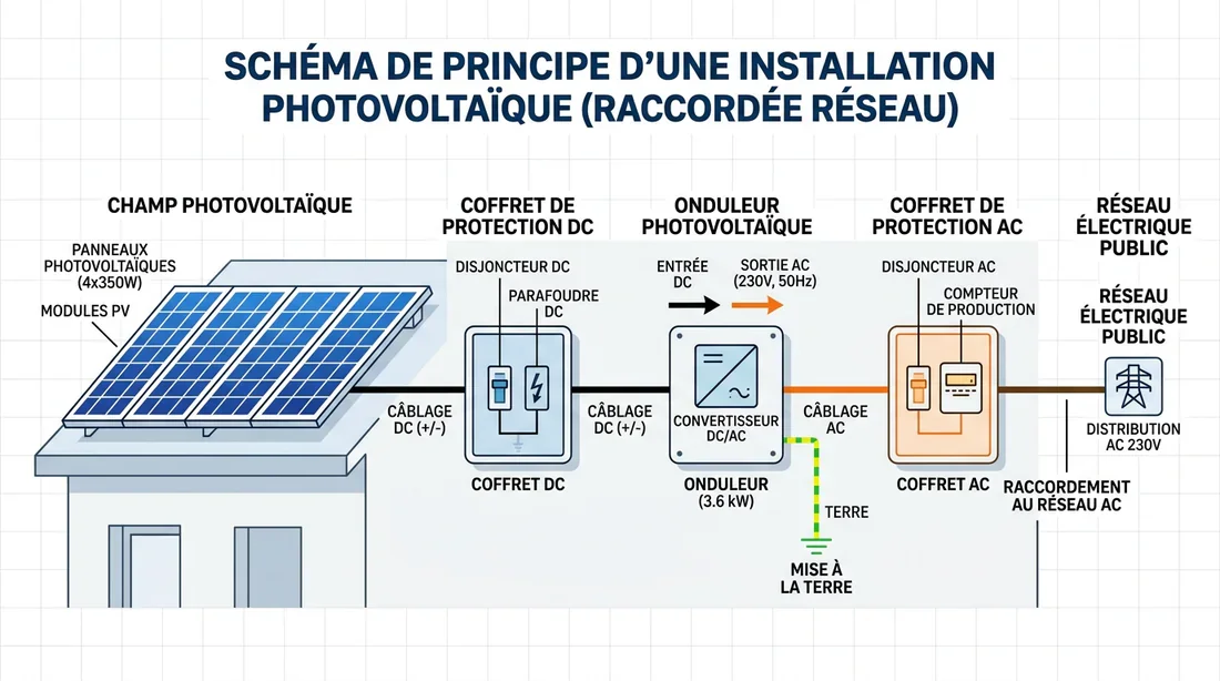 Schéma technique de raccordement coffret DC et onduleur solaire