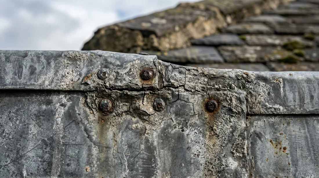 Détails d'une gouttière en zinc oxydée nécessitant une réparation