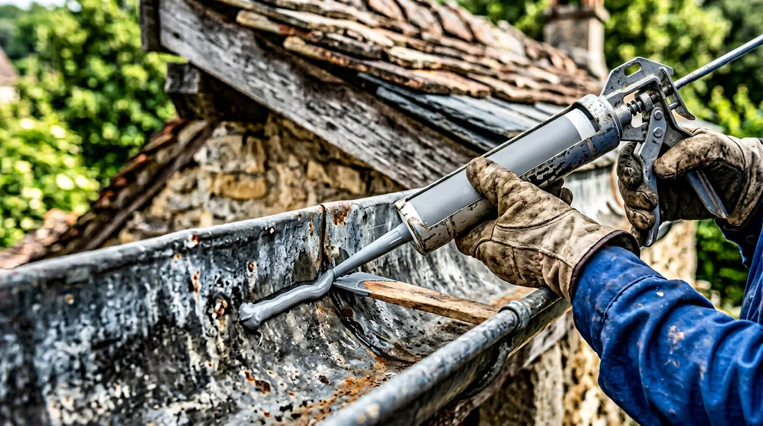 Réparation d'une gouttière en zinc par un professionnel avec un pistolet à colle