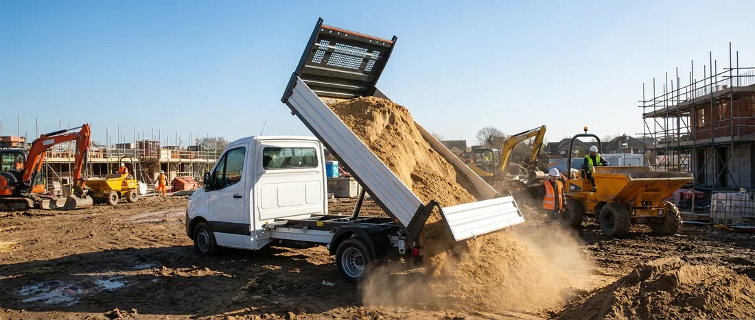 Chargement et déchargement d'un camion benne 3.5 tonnes Camion benne 3.5t blanc déchargeant du sable sur un chantier sous un ciel bleu
