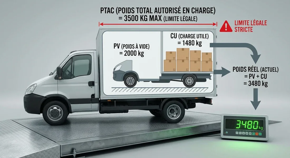Réglementation du poids total autorisé en charge Schéma explicatif du PTAC et de la charge utile pour un utilitaire 3.5t