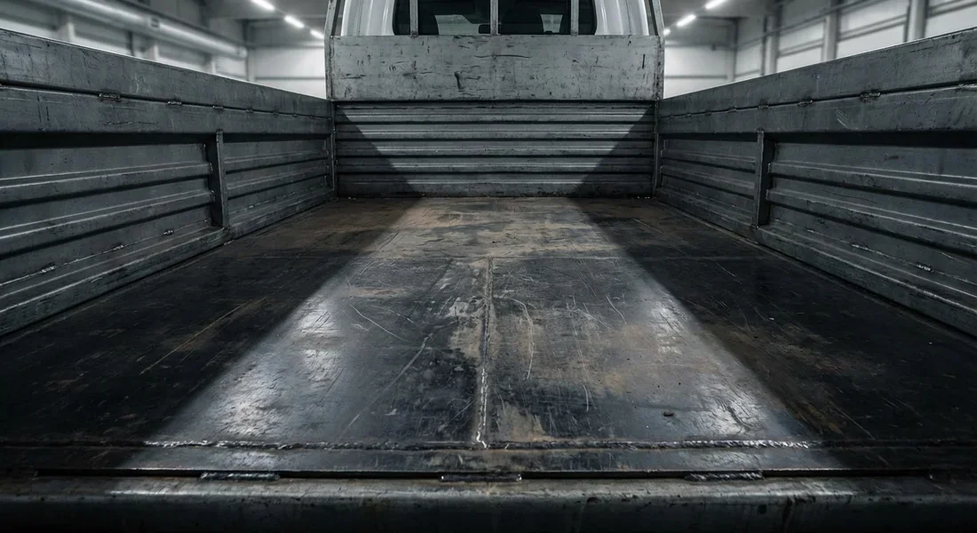 Dimensions intérieures d'une benne de camion Vue intérieure de la benne vide d'un camion 3.5 tonnes montrant l'espace disponible