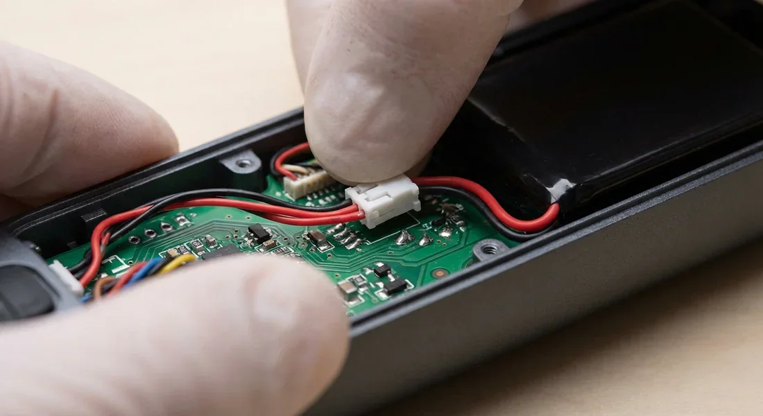 Connexion de la batterie neuve Branchement du connecteur de la nouvelle batterie sur la carte électronique