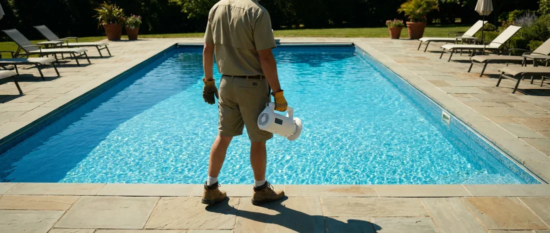 Poignée motorisée Rolltrot prête pour le remplacement de la batterie Utilisateur tenant une poignée motorisée Rolltrot au bord d'une piscine