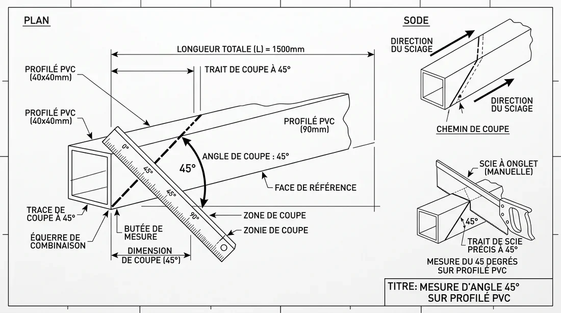 Tracé de la coupe d'angle Schéma de prise de mesure pour coupe à 45 degrés