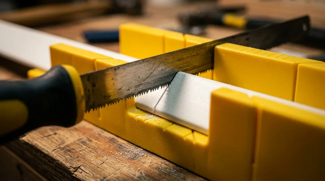 Technique de coupe précise pour baguette PVC Scie à métaux coupant une baguette d'angle en PVC dans une boîte à onglets