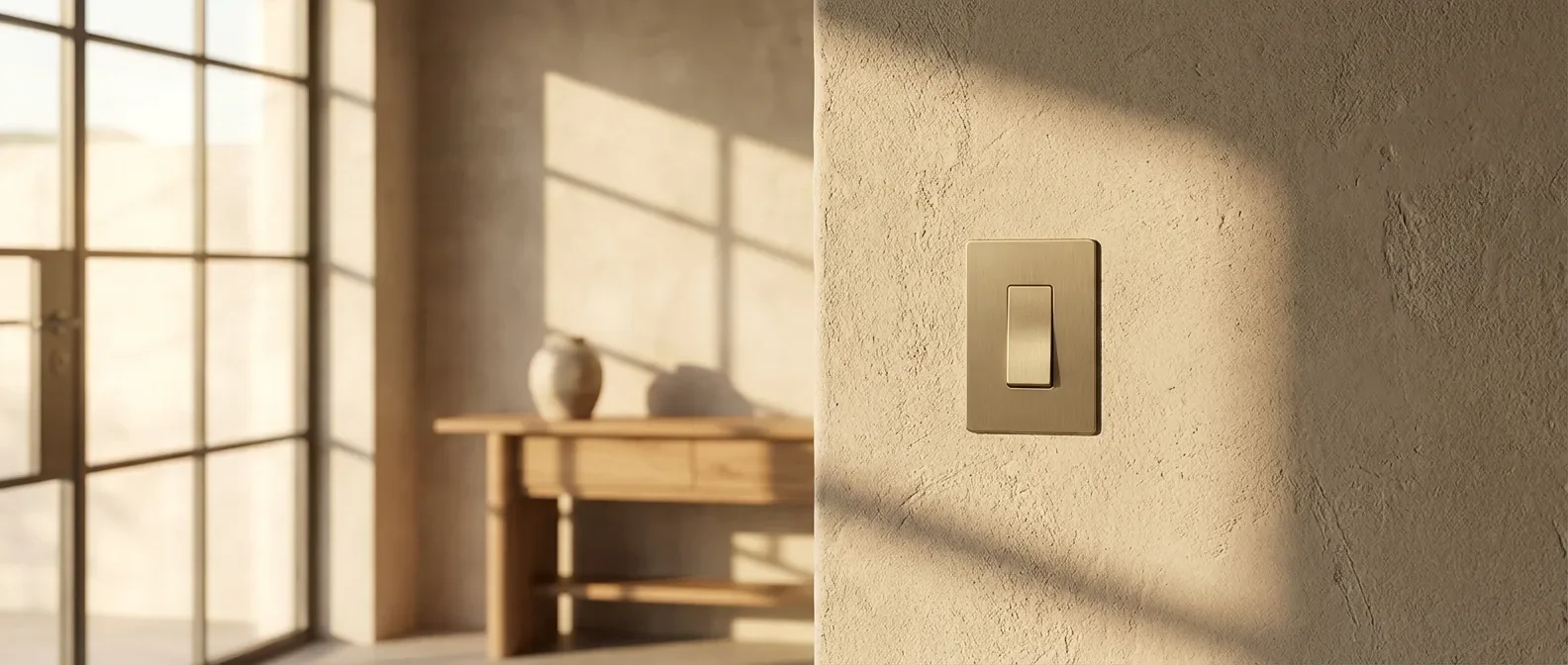 Design d'intérieur haut de gamme et détails électriques Un interrupteur design minimaliste sur un mur texturé avec un éclairage cinématographique de fin de journée.