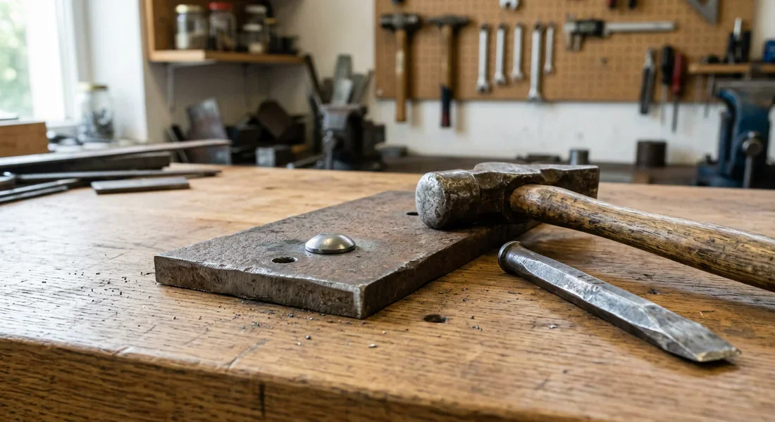 Marteau et burin posés sur un établi près d'un rivet métallique à retirer