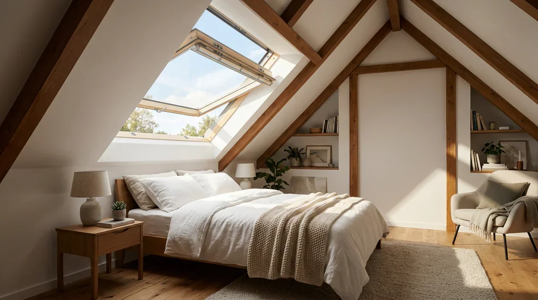 Aménagement de combles avec Velux électrique Chambre sous les combles avec un Velux électrique ouvert baignée de lumière naturelle