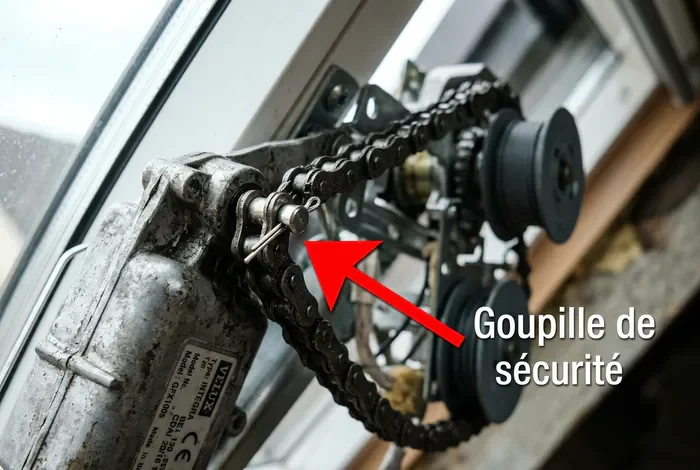 Gros plan sur la goupille de sécurité du moteur de Velux