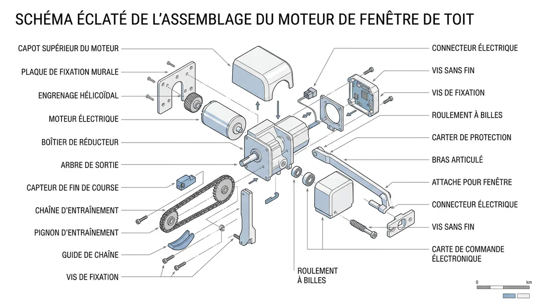Schéma montage moteur Velux Schéma technique des composants d'un moteur de fenêtre de toit