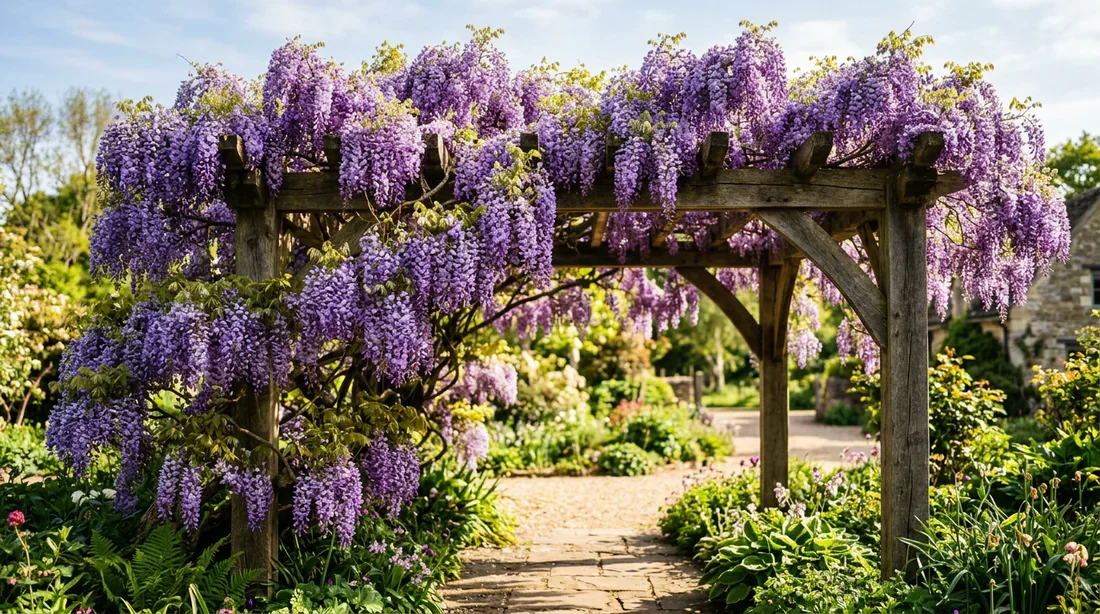 Floraison spectaculaire d'une glycine sur pergola Glycine adulte en pleine floraison violette recouvrant une pergola en bois au printemps
