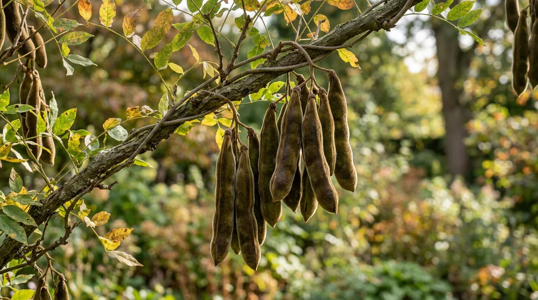 Gousses de glycine mûres sur la plante Gousses duveteuses de glycine prêtes à être récoltées en automne