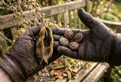 Graines de glycine plates et marron tenues dans des mains gantées
