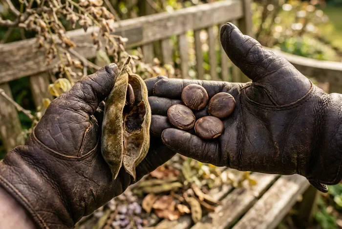Graines de glycine plates et marron tenues dans des mains gantées