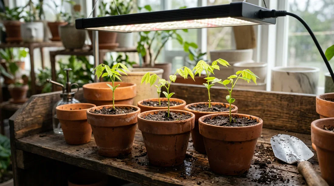 Jeunes pousses de glycine germant dans des petits pots de terreau